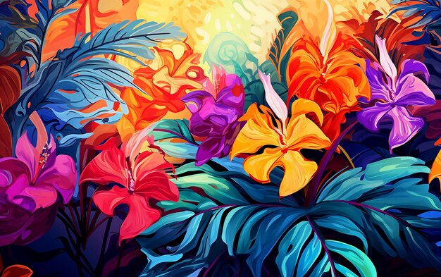 Fundo vibrante Muitas folhas exóticas tropicais pintadas