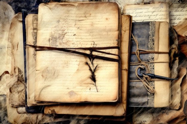 Fundo vintage com livros antigos e papéis amarrados com barbante sobre fundo de madeira
