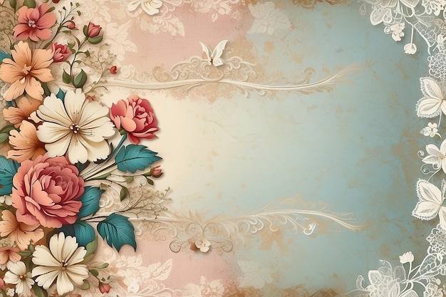 Fundo vintage com ornamentos de renda e flores