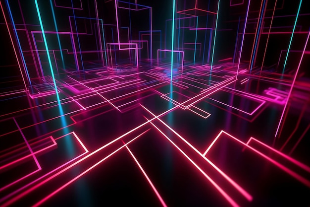 Fundo virtual abstrato futurista com linhas de néon e formas em rosa e azul