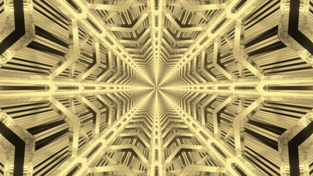 Fundo visual abstrato de túnel futurista sem fim com estrela geométrica simétrica em cores neon douradas