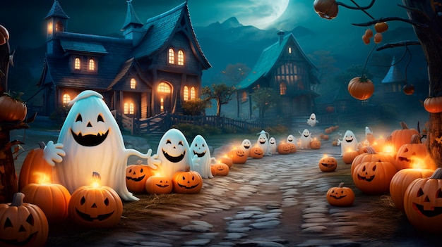 Fundos de Halloween em um divertido estilo de desenho animado Papel de parede com abóboras, casas assustadoras e fantasmas