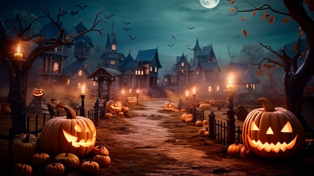 Fundos de Halloween em um divertido estilo de desenho animado Papel de parede com abóboras, casas assustadoras e fantasmas