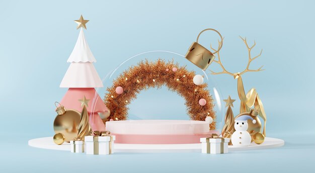 Fundos de Natal com plataforma de palco de pódio no mínimo Tema de evento de ano novo Cena de feliz Natal para exibição de produtos mock up banner Decoração de pedestal de suporte vazio na renderização 3D de cena de inverno de Natal