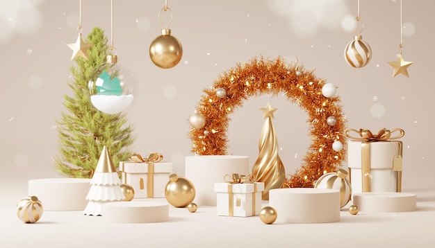 Fundos de natal com plataforma de palco de pódio no mínimo tema de evento de ano novo cena de feliz natal para exibição de produtos mock up banner decoração de pedestal de suporte vazio na renderização 3d de cena de inverno de natal