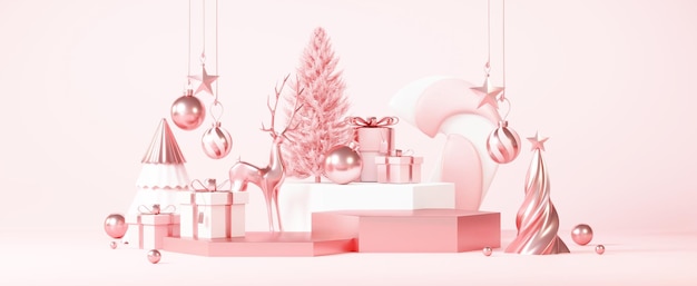 Fundos de Natal com plataforma de palco de pódio no mínimo Tema de evento de ano novo Cena de feliz Natal para exibição de produtos mock up banner Decoração de pedestal de suporte vazio na renderização 3D de cena de inverno de Natal