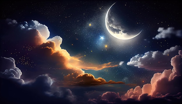 Foto fundos do céu noturno com estrelas e lua e lindas nuvens com generative ai technology