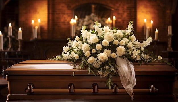 Foto funeral lindamente decorado com arranjos florais caixão close-up em caixão em uma capela