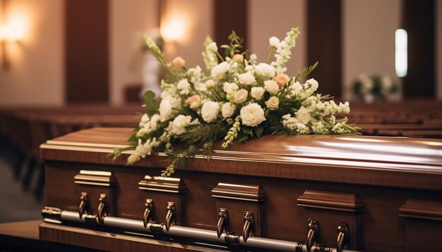 Foto funeral lindamente decorado com arranjos florais caixão close-up em caixão em uma capela