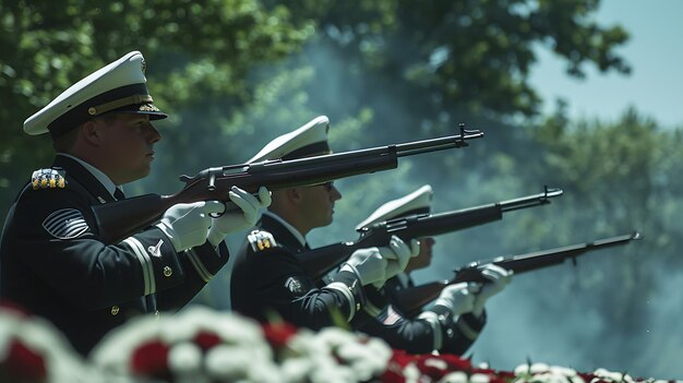 Funeral militar três soldados em uniforme disparam uma saudação de rifle sobre um caixão envolto em uma bandeira americana