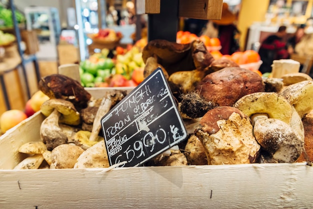 Funghi Porcini es un tipo de hongo en Italia El letrero escrito en italiano apunta hacia el precio y la ubicación del producto