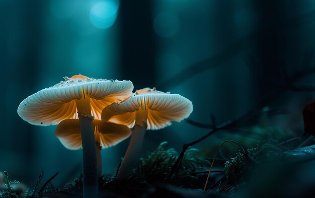 Fungos em uma floresta escura à noite