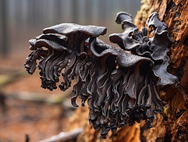 Foto fungos pretos de orelha de árvore ou de madeira fungos auricularia polytricha orelha de nuvem fungos negros de gelatina fungos de orelho de nuvem ilustração de ia generativa