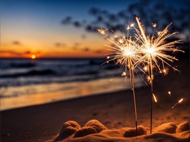 Funkeln am Strand für das Neujahr oder eine Party mit Kopierplatz