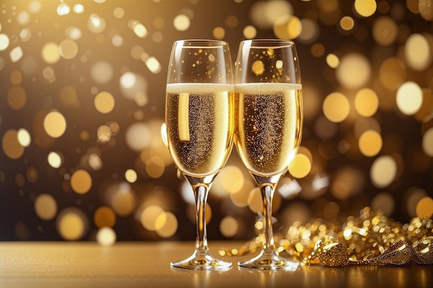 Funkelnde Champagnergläser mit Weihnachtslichtern im Hintergrund, verschwommener goldener Hintergrund