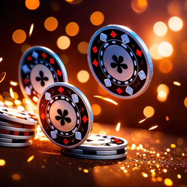 Funkelnde dynamische fliegende Poker-Casino-Chips, die die Aufregung und den Nervenkitzel des Glücksspiels zeigen