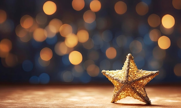 Funkelnde goldene Weihnachtsstern-Ornament-Dekoration, defokussierter Bokeh-Hintergrund