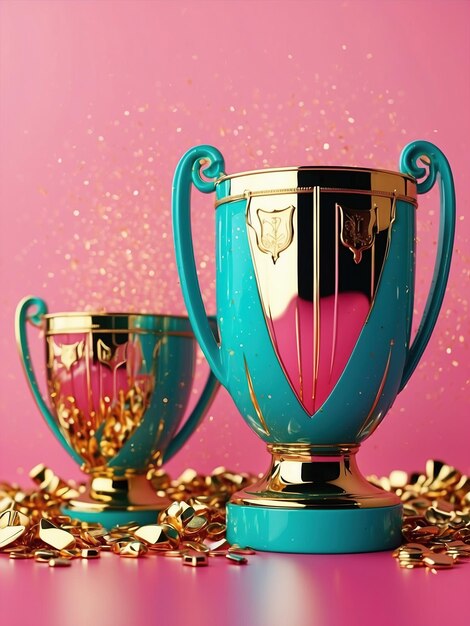 Funkelnde rosa-blaue Hintergrund mit einem Gewinner-Cup Champion goldene Trophäe auf rosa-blauen Hintergrund