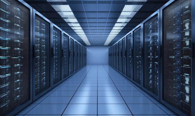 Funktionierendes Rechenzentrum voller Rack-Server und Supercomputer mit hoher Internet-Visualisierungsprojektion