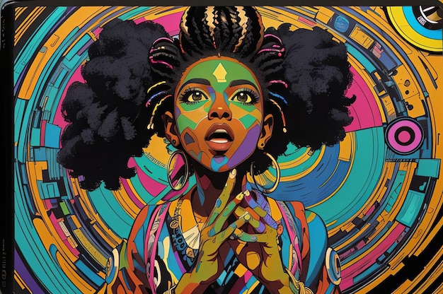 Foto funky afro girl em padrões geométricos ousados com cores metálicas e de néon representando a essência groovy da música funk com guitarras de baixo abstratas e discos de vinil