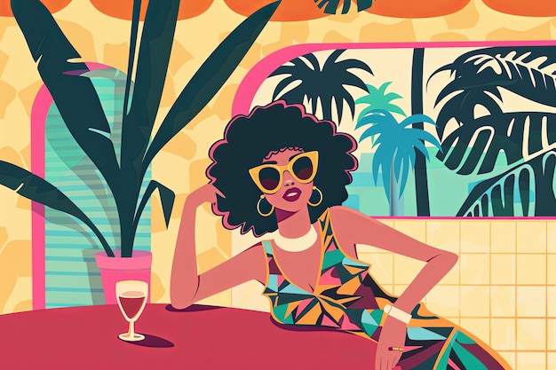 funky ciudad afro chica disco danza ilustración estilo retro de los años 70