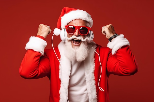 Funky louco Papai Noel dj fone de ouvido cante som de música ouça música em fundo vermelho AI gerado