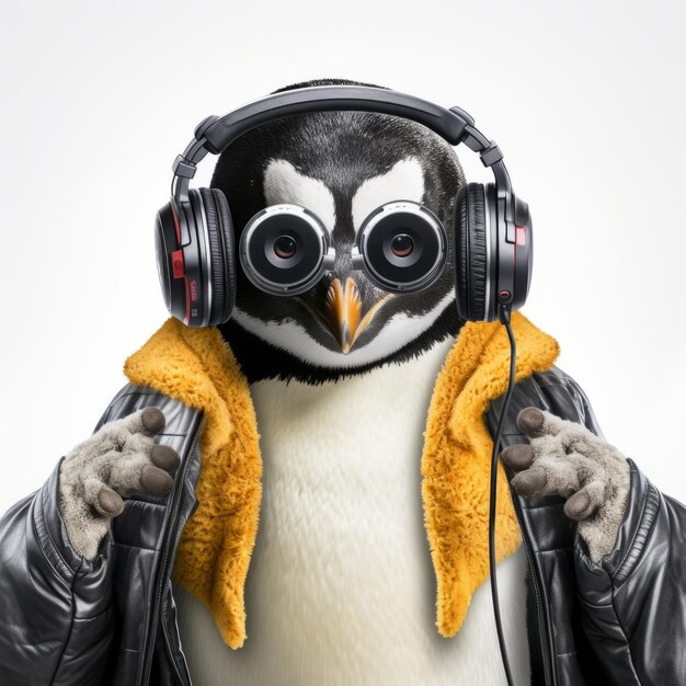 Funky Penguin DJ in Lederjacke und Kopfhörern