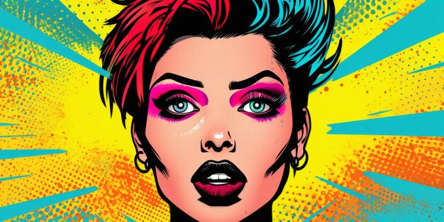 Funky Punkfrau mit kühnen Lippen auf einem bunten Pop-Art-Hintergrund, der mit Generativer KI erstellt wurde