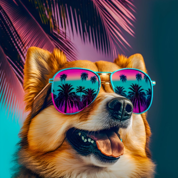 Funny Miami Style Dog con gafas de sol y palmeras ilustración