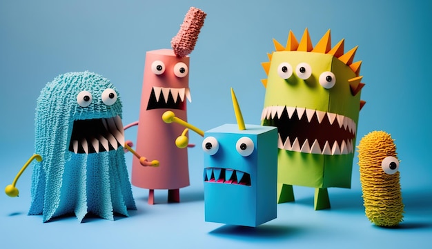 Foto funny monsters from paper and plasticine on a blue background easy creative crafts for children generative ai