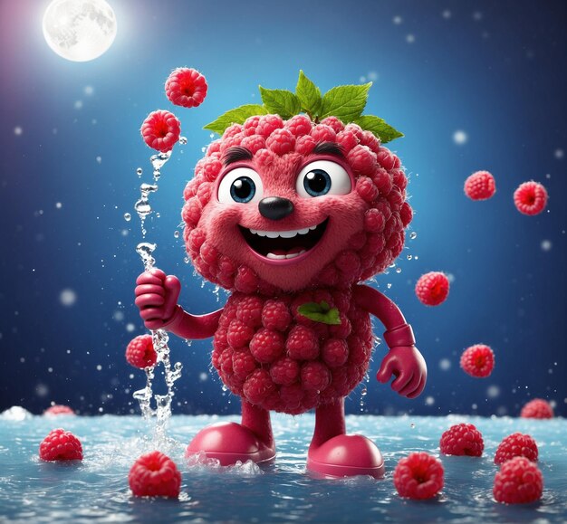 Foto funny personaje de frambuesa con gotas de agua y luna llena en el fondo