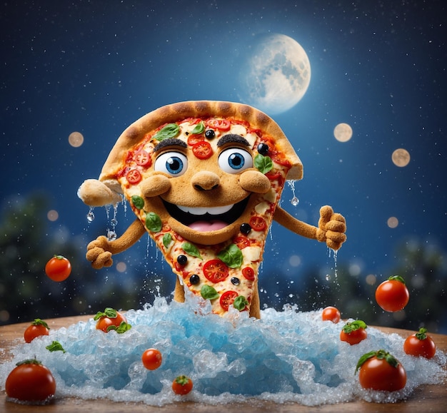 Funny personaje de pizza con tomate y luna en el cielo nocturno