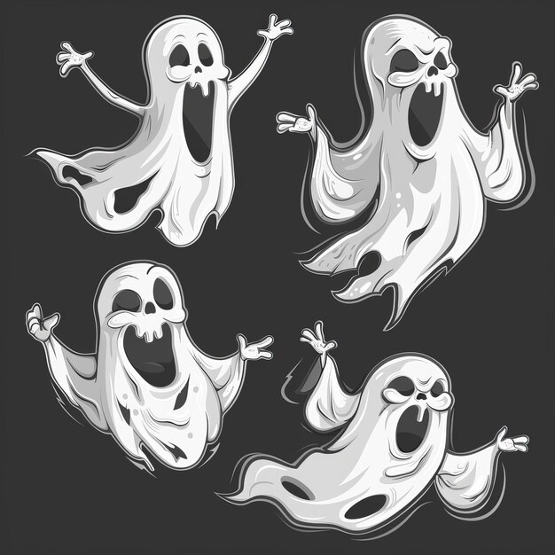 Foto funny personajes fantasma espeluznante dibujos animados poltergeist lindo sonriente asustar halloween fantasma mascota conjunto de ilustraciones modernas
