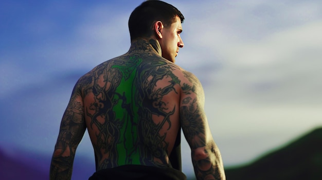 Furchtloser Kletterer mit einem atemberaubenden grün-schwarzen Tattoo auf dem Rücken