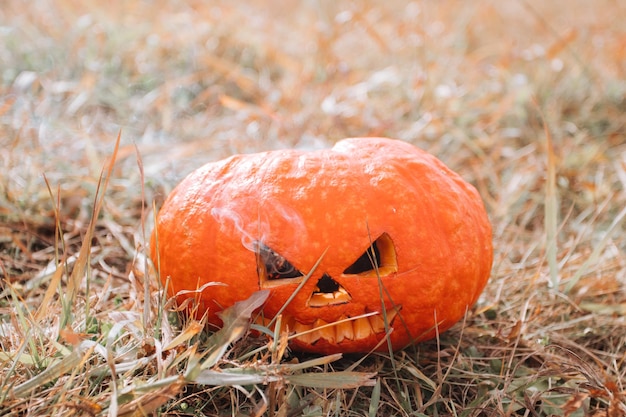 Furchtsamer Halloween-Kürbis mit Rauch auf Herbstfeld.