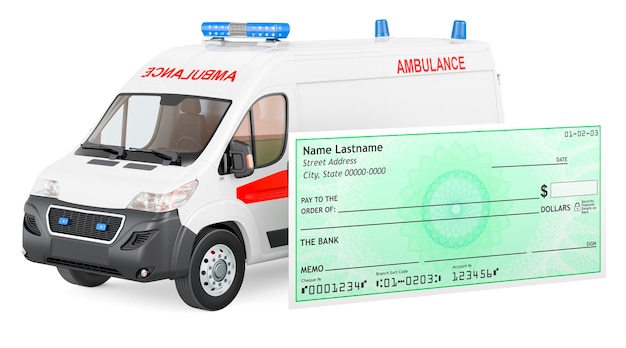 Furgoneta de ambulancia con renderizado 3D de cheque bancario en blanco