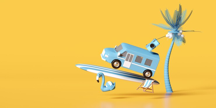 furgoneta azul con silla de playa bola de flamenco palma de coco tabla de surf paraguas cámara aislada en fondo amarillo concepto de viaje de verano 3d 3d render ilustración camino de recorte