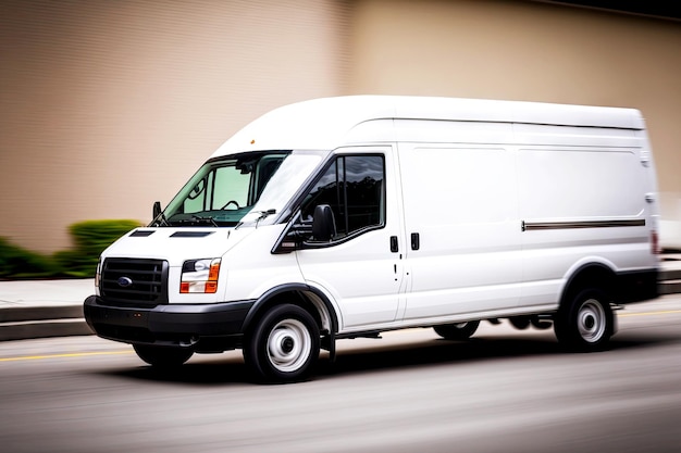 Foto furgoneta de carga blanca de conducción rápida y entrega de mercancías