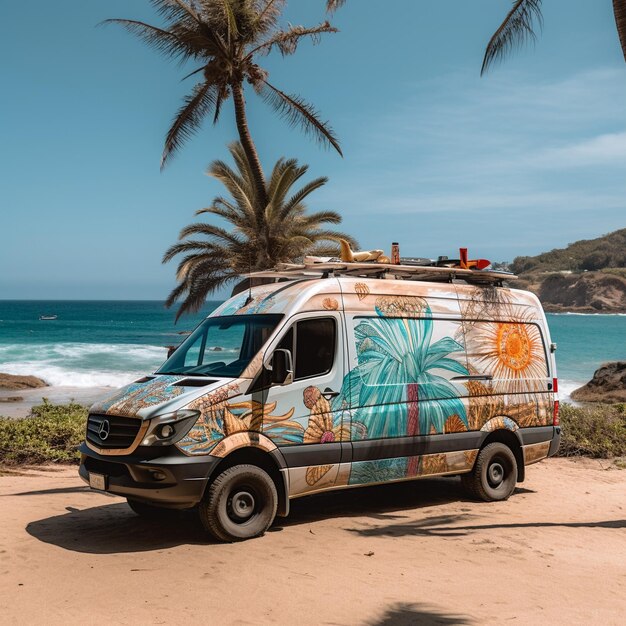 Foto furgoneta convertida estacionada en una playa aislada con vistas al océano