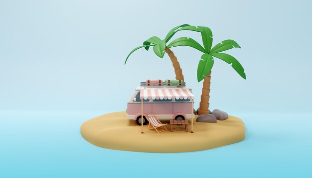 Una furgoneta de dibujos animados en 3D en una isla tropical con palmeras