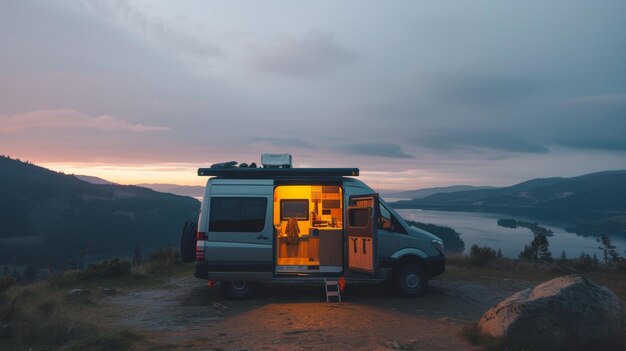 Furgoneta estacionada en una montaña al atardecer con vistas panorámicas del valle