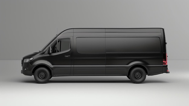 Furgoneta negra sobre un fondo blanco La furgoneta es un vehículo grande con una carrocería larga y un techo alto Tiene un exterior negro y ventanas negras