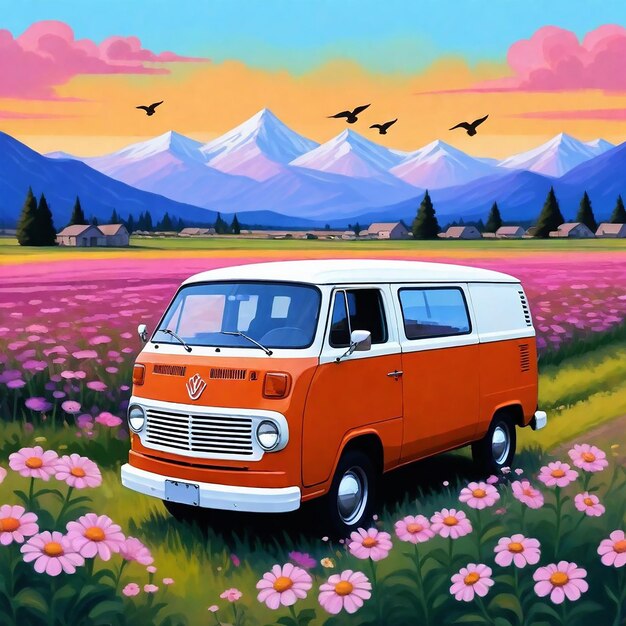 una furgoneta que está pintada en una pintura con un pájaro volando en el fondo