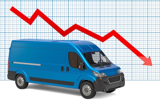 Furgoneta de reparto con flecha de gráfico hacia abajo 3D rendering