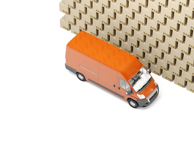 Furgoneta de reparto naranja con cajas de cartón