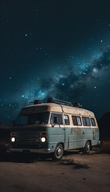 Foto furgoneta vintage en un paisaje desértico por la noche contra el fondo de un cielo estrellado generado por la ia