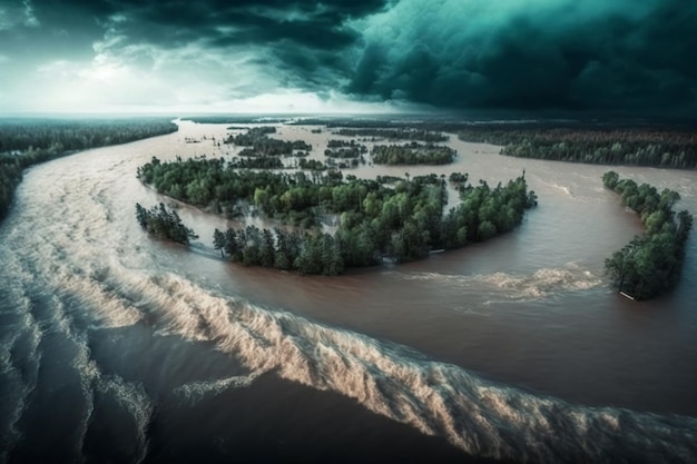 Fúria da natureza inundação de rios devido a chuvas torrenciais um fenômeno extremo