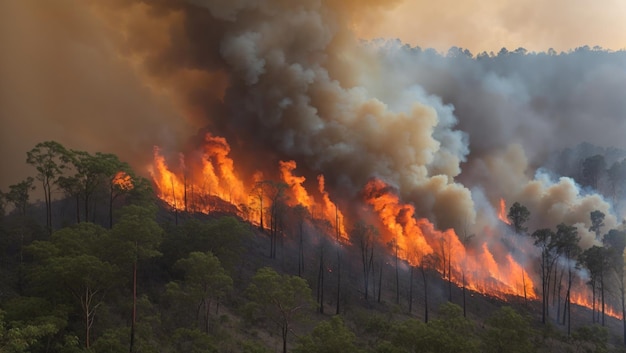 Un furioso infierno de llamas envuelve una vasta extensión de pinos y el humo se eleva hacia el cielo en una columna caótica.