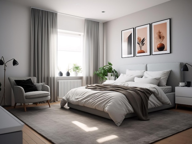 Furniturreiches minimalistisches Schlafzimmer-Interieur sanft beleuchtet KI generiert