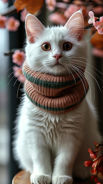 Furry Elegance Un gato con una bufanda a rayas generado por la IA